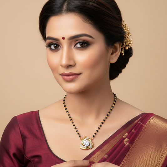 Generated image of a beautiful Indian married female model wearing the yellow gold diamond mangalsutra with spectacular triangular interlocking knot pendant featuring large round brilliant diamond centre and three pavé diamond rails on a traditional two-strand black bead and yellow gold chain, warm studio lighting on champagne background with rich burgundy silk saree and traditional Indian bridal styling with bindi and floral updo