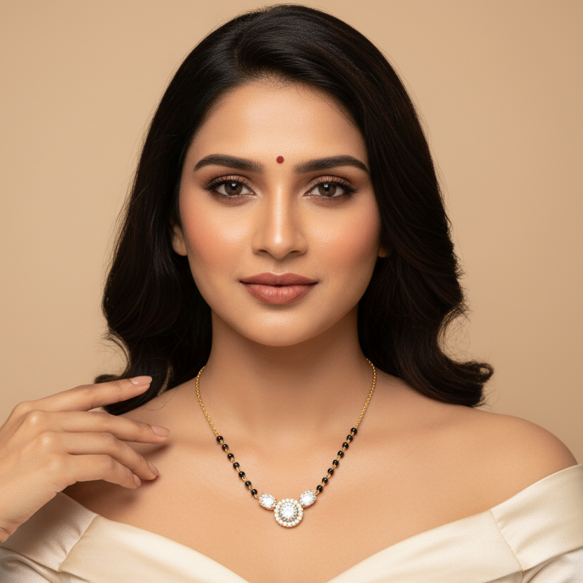 Generated image of a beautiful Indian married female model wearing the yellow gold round brilliant diamond halo mangalsutra with large round brilliant centre diamond surrounded by a spectacular complete circular pavé diamond halo flanked by two large pear-cut diamond side stones on a traditional black bead and yellow gold chain