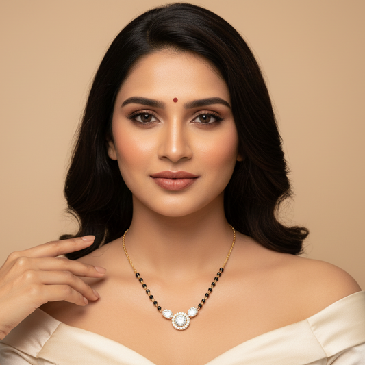 Generated image of a beautiful Indian married female model wearing the yellow gold round brilliant diamond halo mangalsutra with large round brilliant centre diamond surrounded by a spectacular complete circular pavé diamond halo flanked by two large pear-cut diamond side stones on a traditional black bead and yellow gold chain