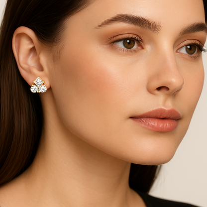 Generated image of a female model wearing small-sized geometric gold and diamond cluster earrings