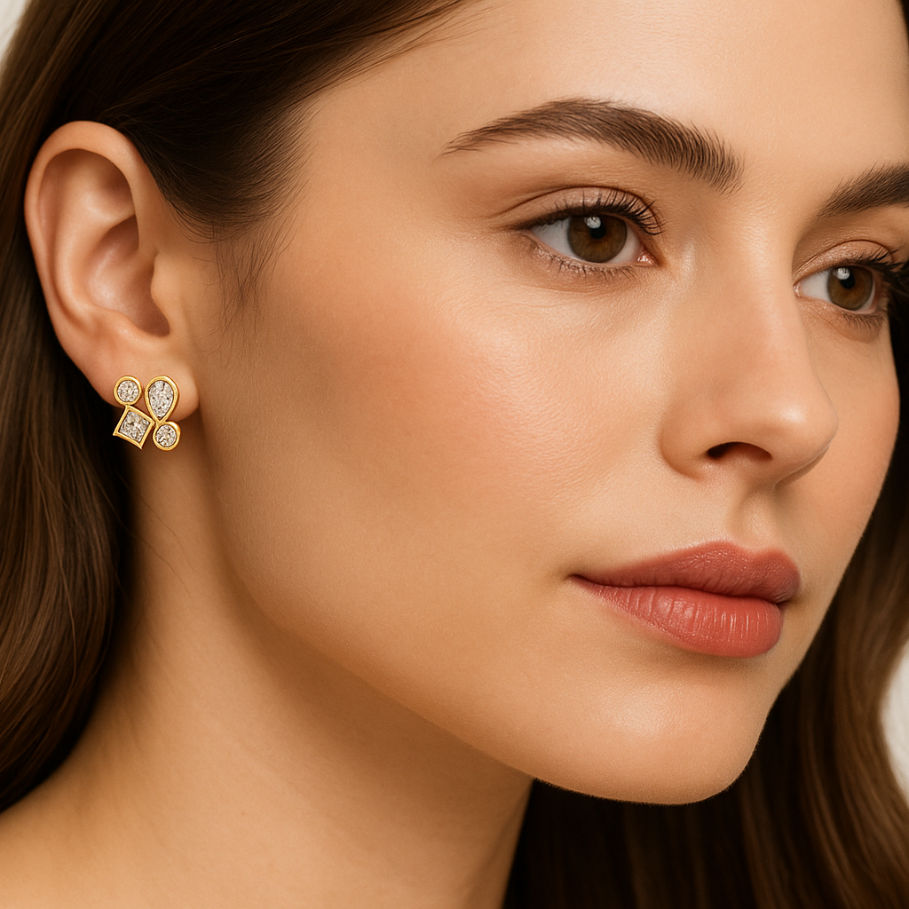 Generated image of a female model wearing small-sized geometric gold and diamond earrings
