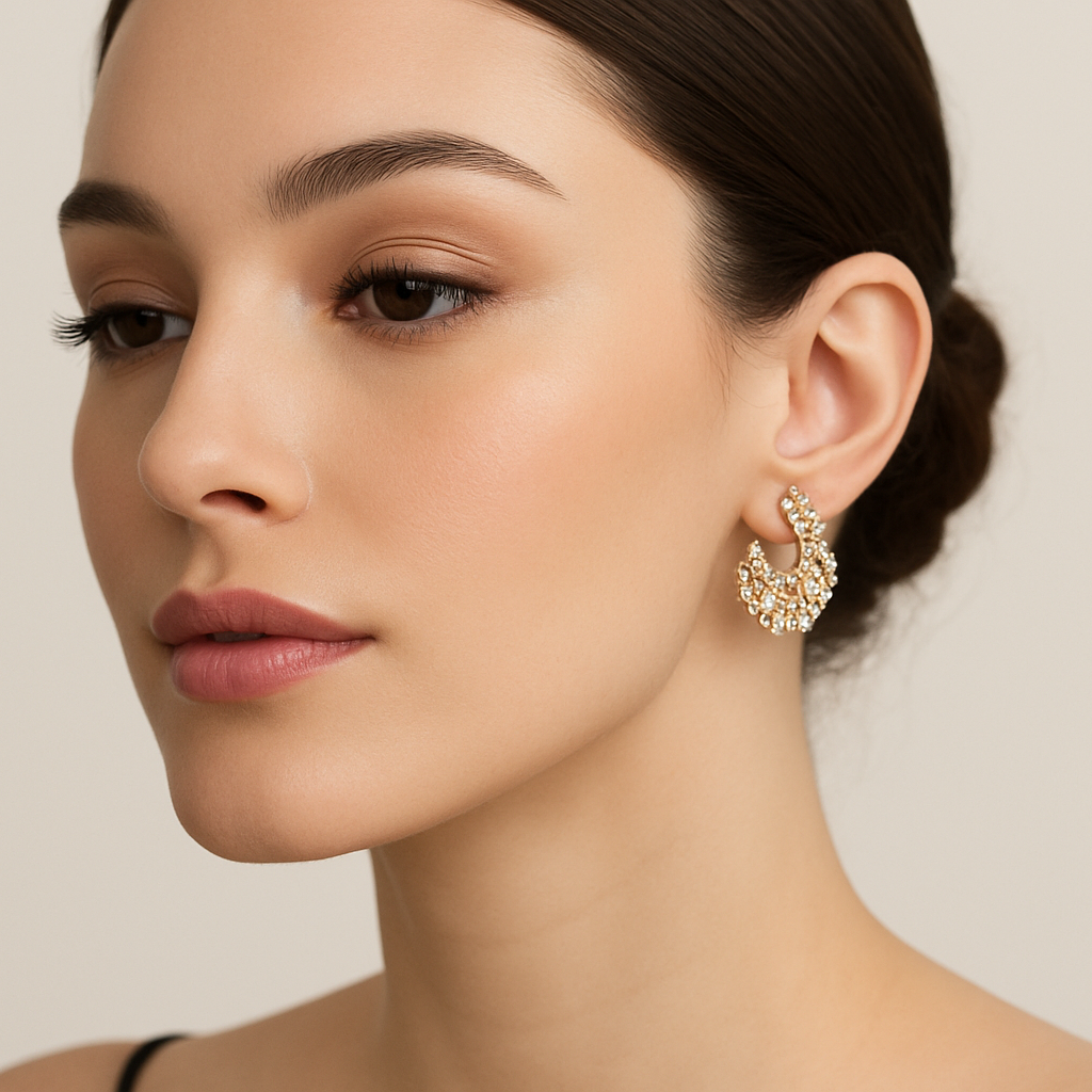 Generated image of a female model wearing small-sized gold and diamond chandelier earrings
