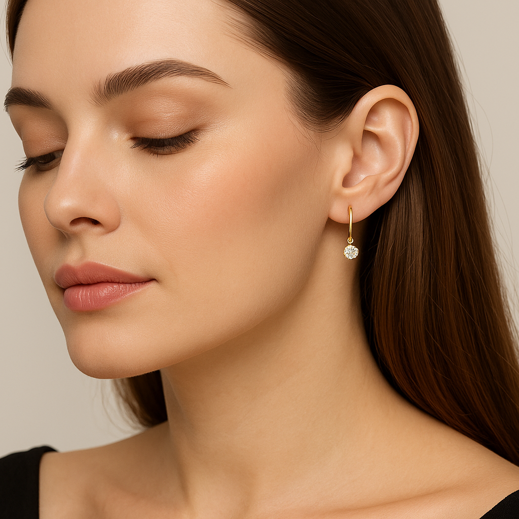 Generated image of a female model wearing small-sized gold and diamond drop earrings