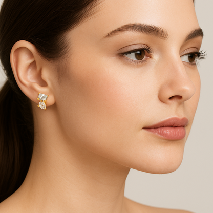 Generated image of a female model wearing small-sized gold and diamond earrings