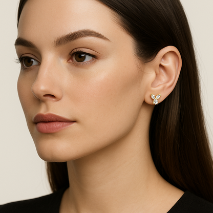 Generated image of a female model wearing small-sized gold and diamond floral cluster earrings