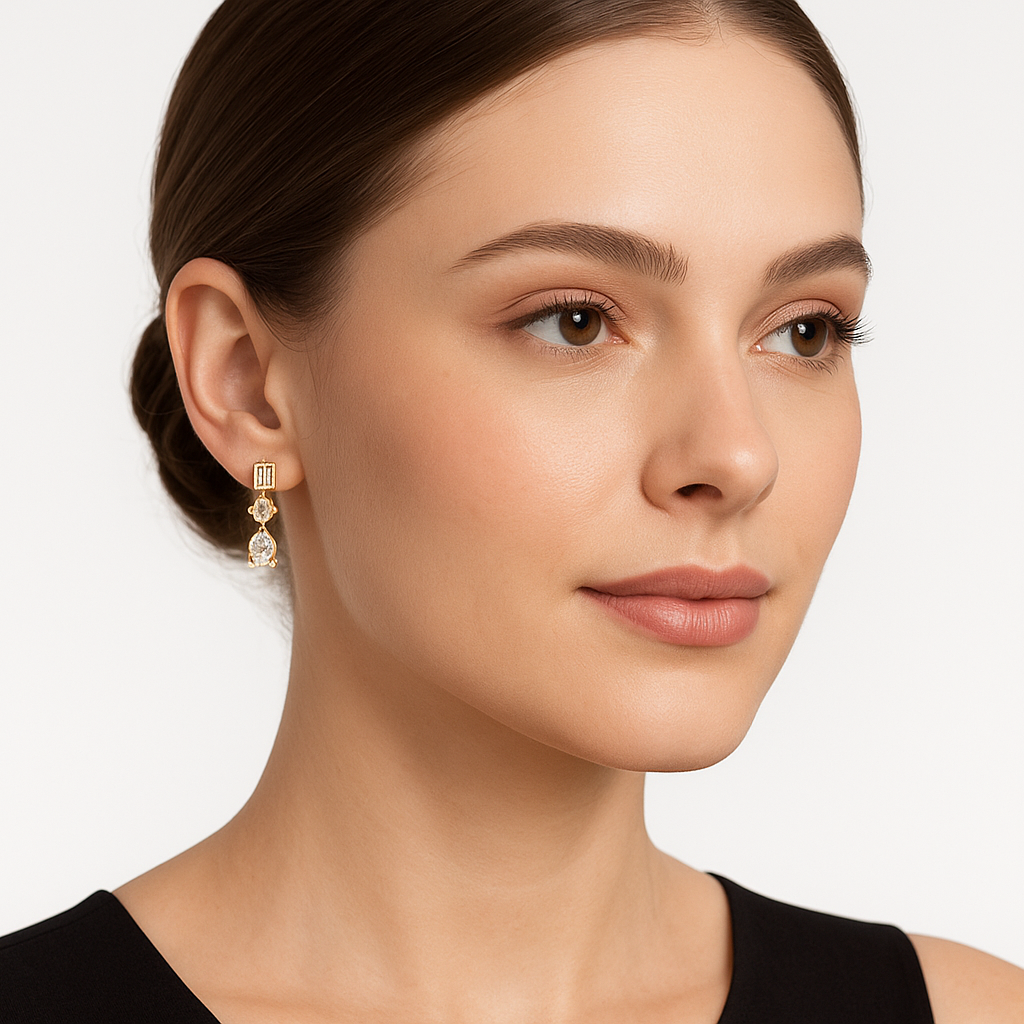 Generated image of a female model wearing small-sized gold and mixed-cut diamond drop earrings