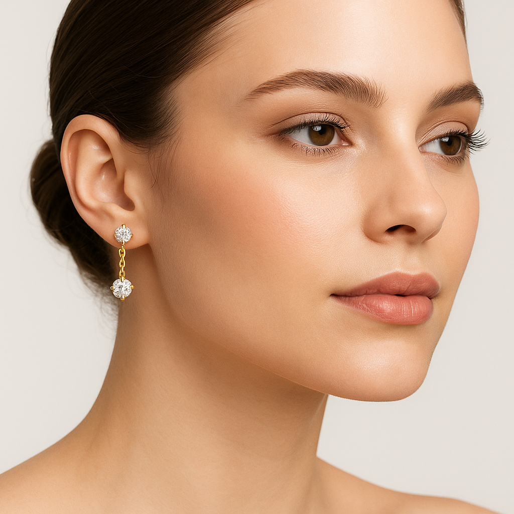 Generated image of a female model wearing small-sized gold chain drop earrings with diamonds