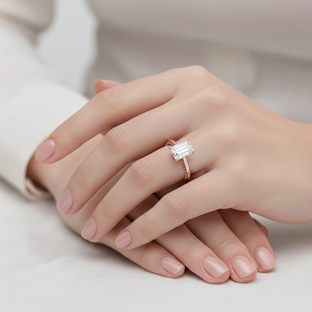 Hand wearing a rose gold diamond ring on a neutral background