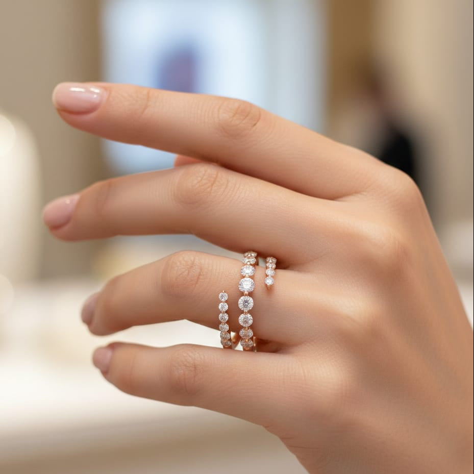 Hand wearing multiple diamond rings on a blurred background