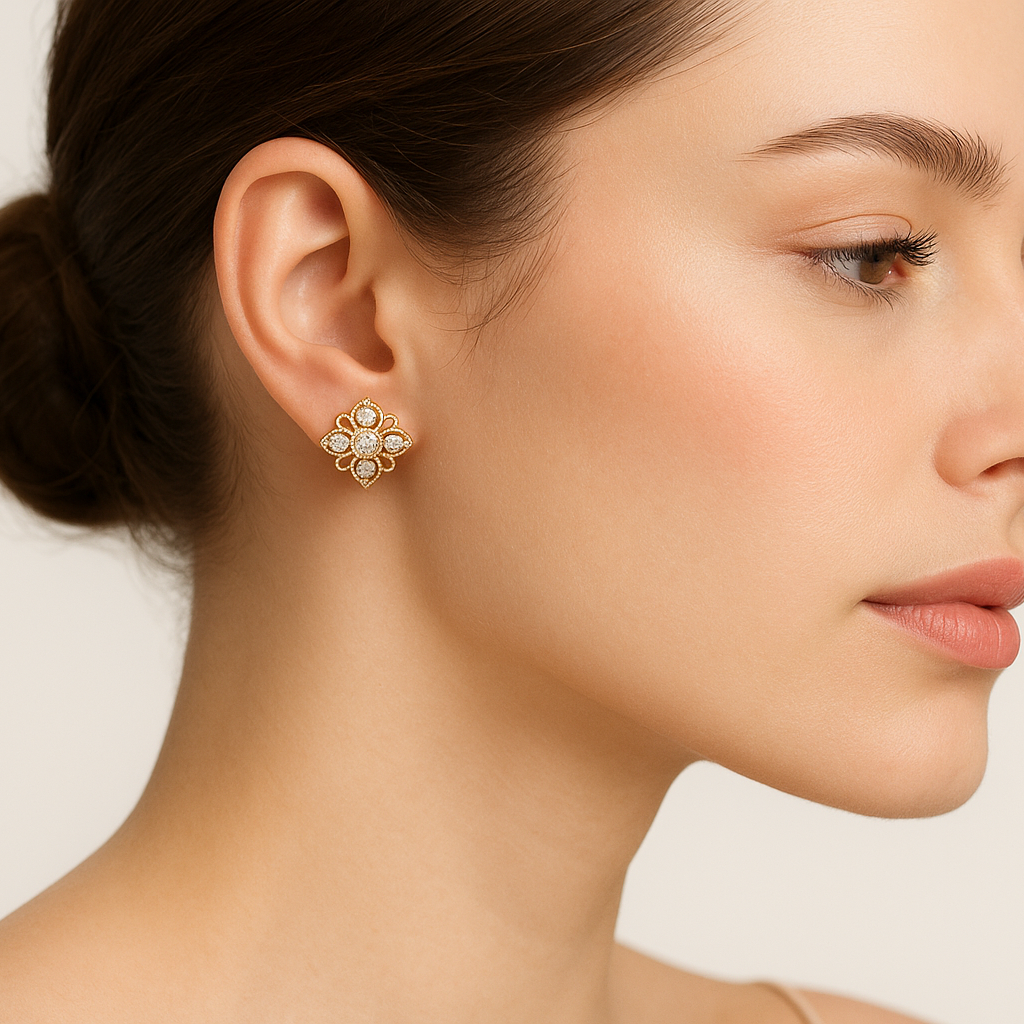 Generated image of a female model wearing small-sized yellow gold floral diamond earrings