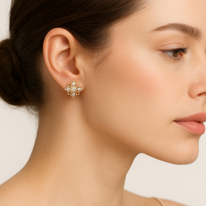 Generated image of a female model wearing small-sized yellow gold floral diamond earrings