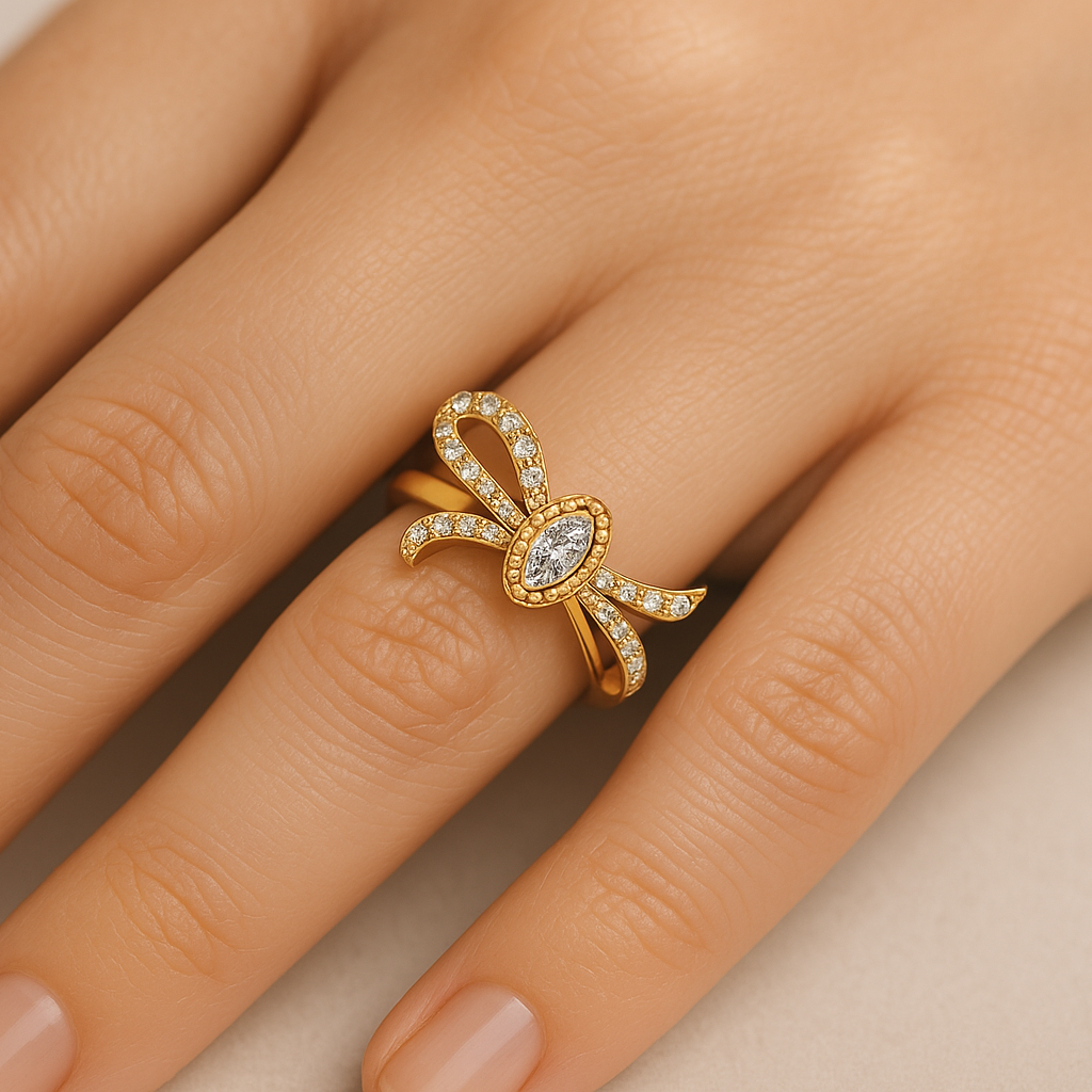 Generated image of a female model wearing the bow-shaped diamond ring