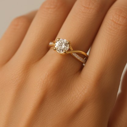 Generated image of a female model wearing the contemporary diamond engagement ring