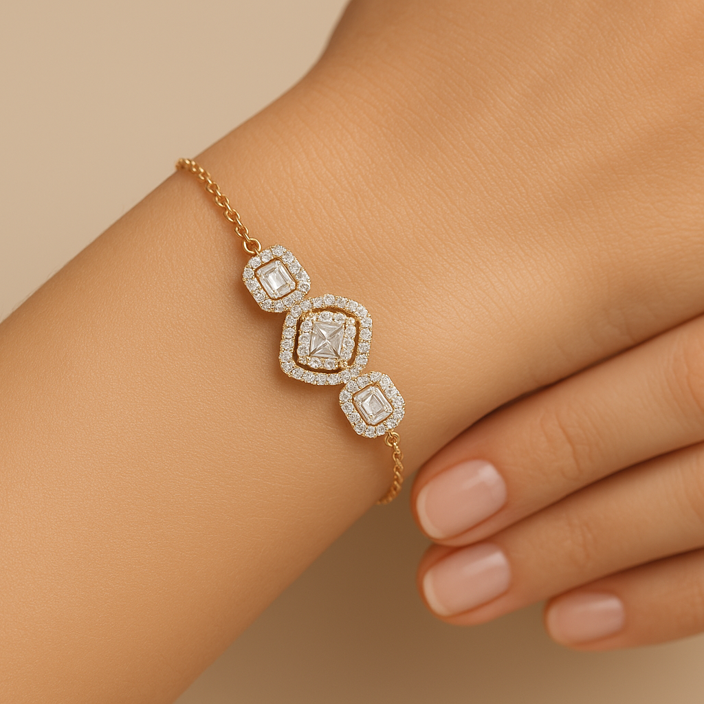 Generated image of a female model wearing the diamond chain bracelet