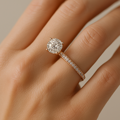 Generated image of a female model wearing the diamond engagement ring