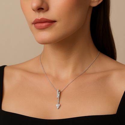 Generated image of a female model wearing the diamond pendant necklace