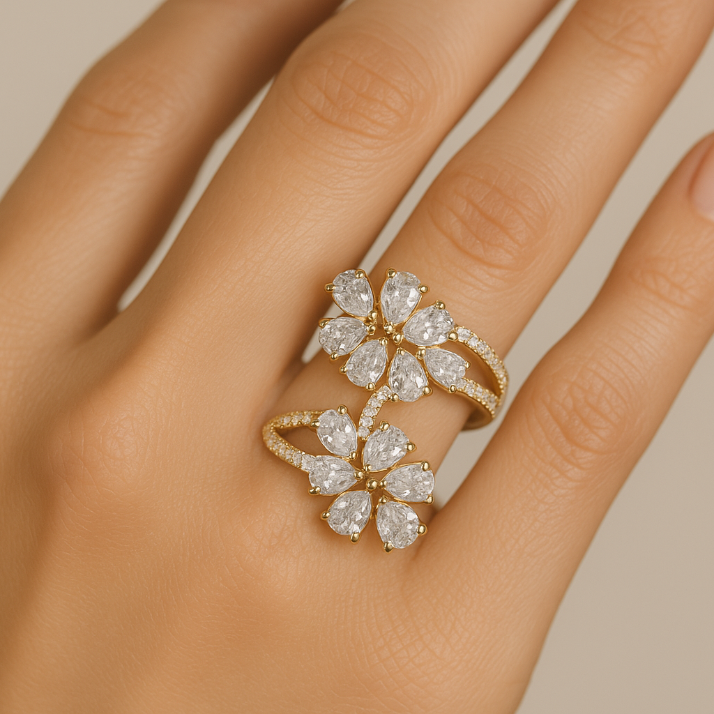 Generated image of a female model wearing the diamond ring in small size