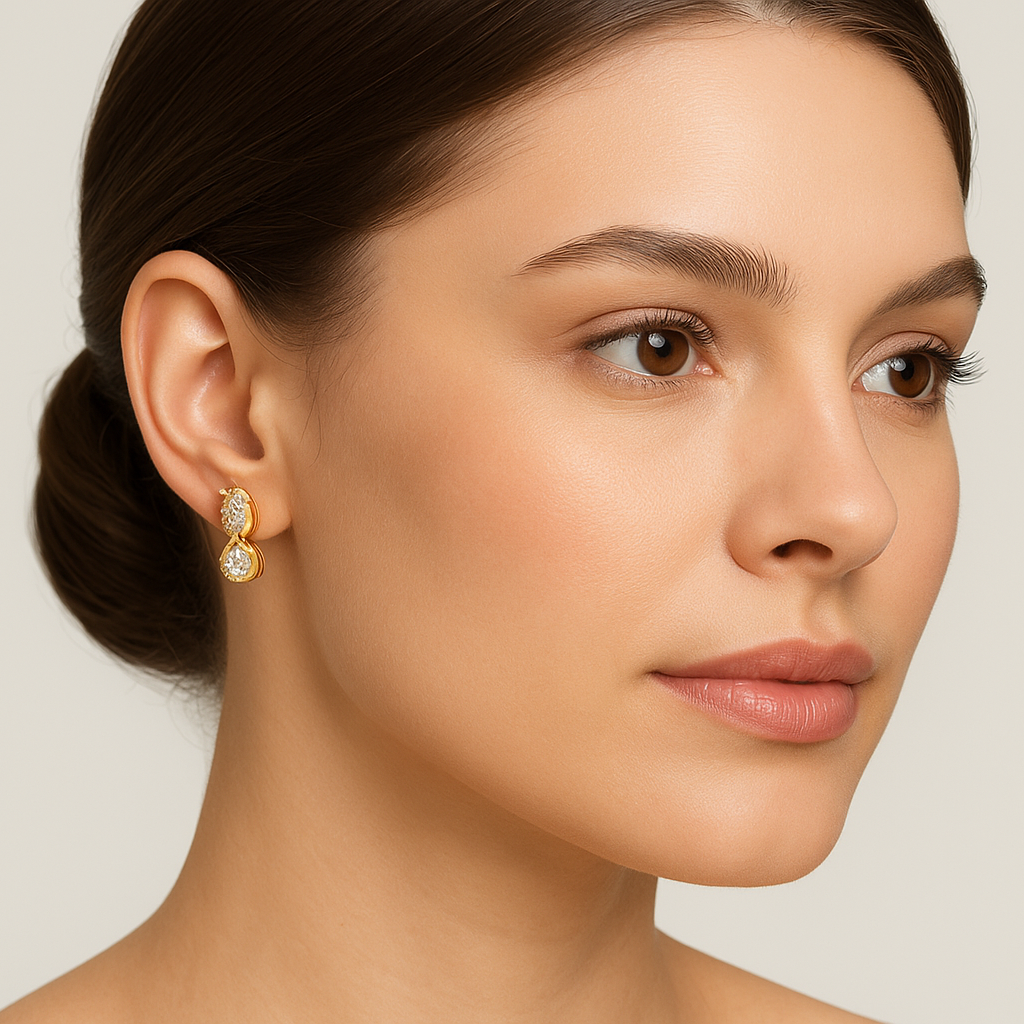 Generated image of a female model wearing the diamond stud earrings