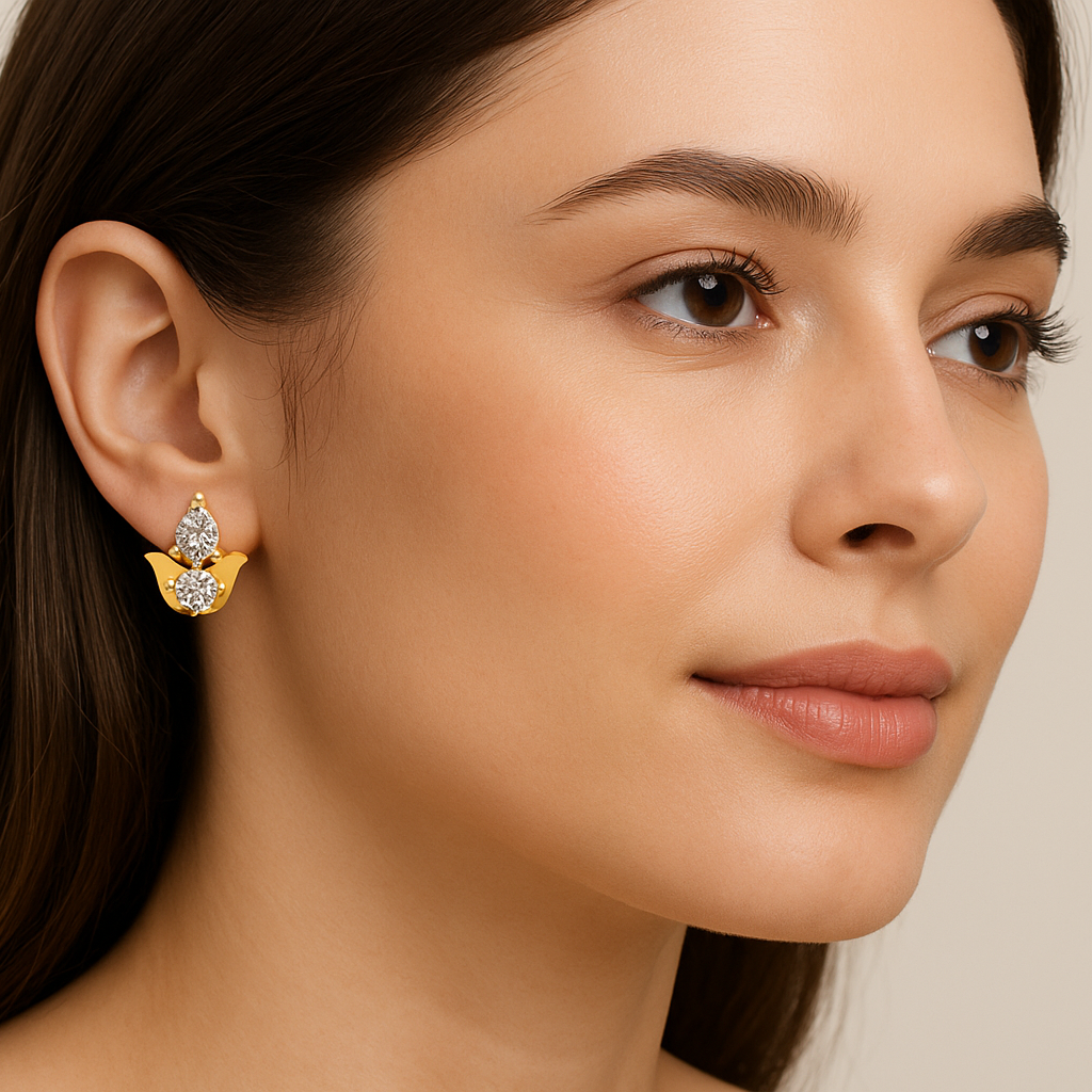 Generated image of a female model wearing the diamond stud earrings