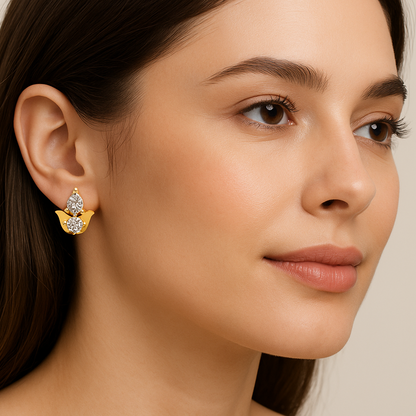 Generated image of a female model wearing the diamond stud earrings