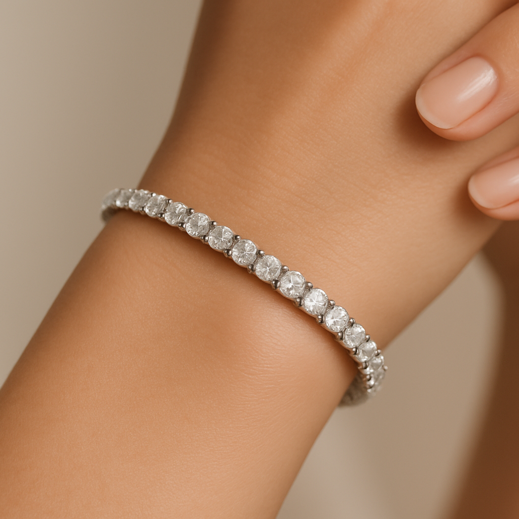 Generated image of a female model wearing the diamond tennis bracelet