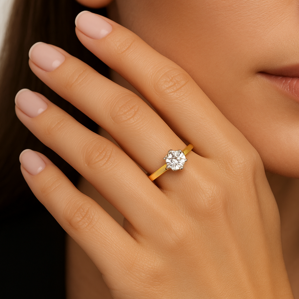 Generated image of a female model wearing the elegant diamond solitaire ring
