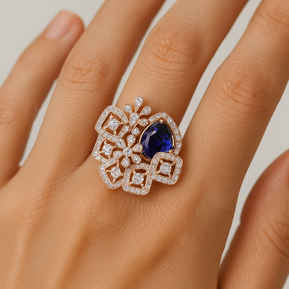Generated image of a female model wearing the floral amethyst ring