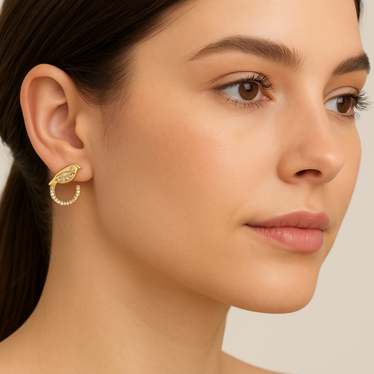 Generated image of a female model wearing the gold and diamond bird hoop earrings in a smaller size