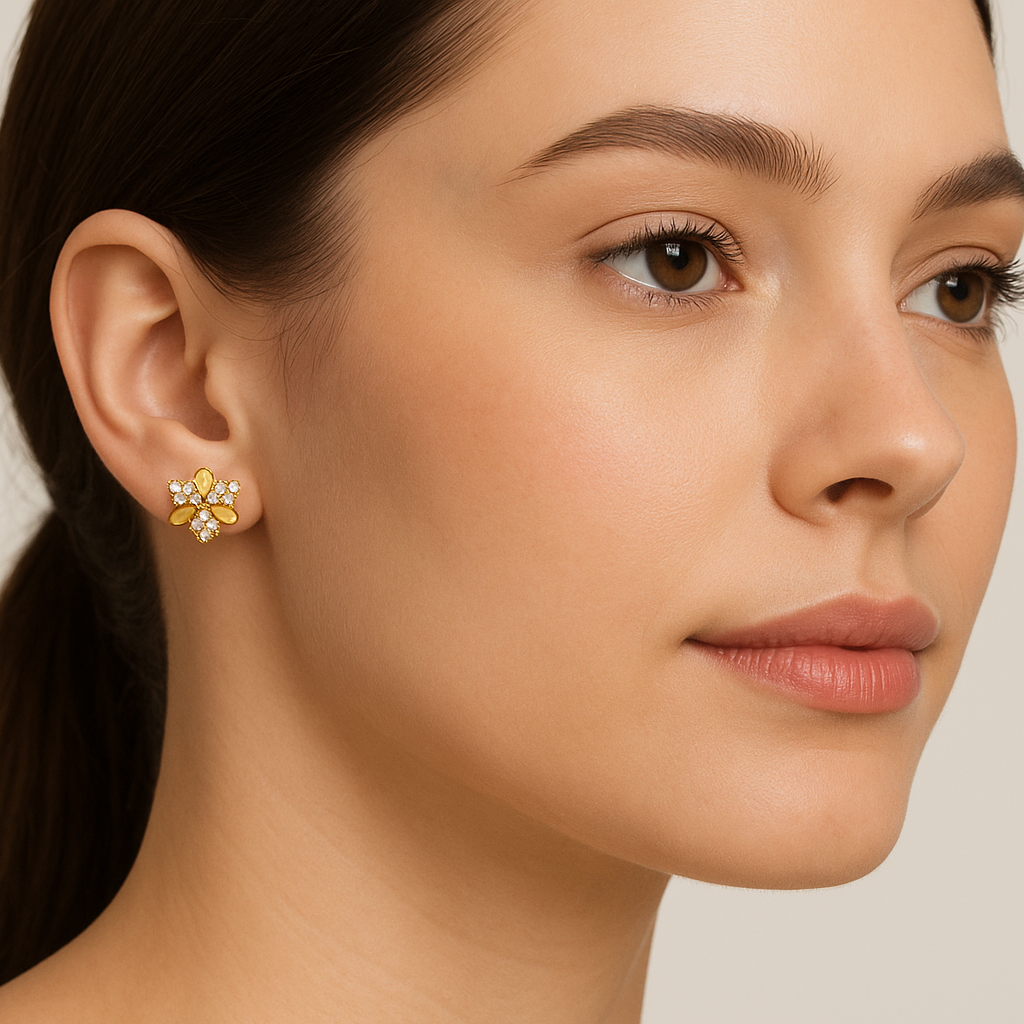 Generated image of a female model wearing the gold and diamond butterfly earrings in a smaller size