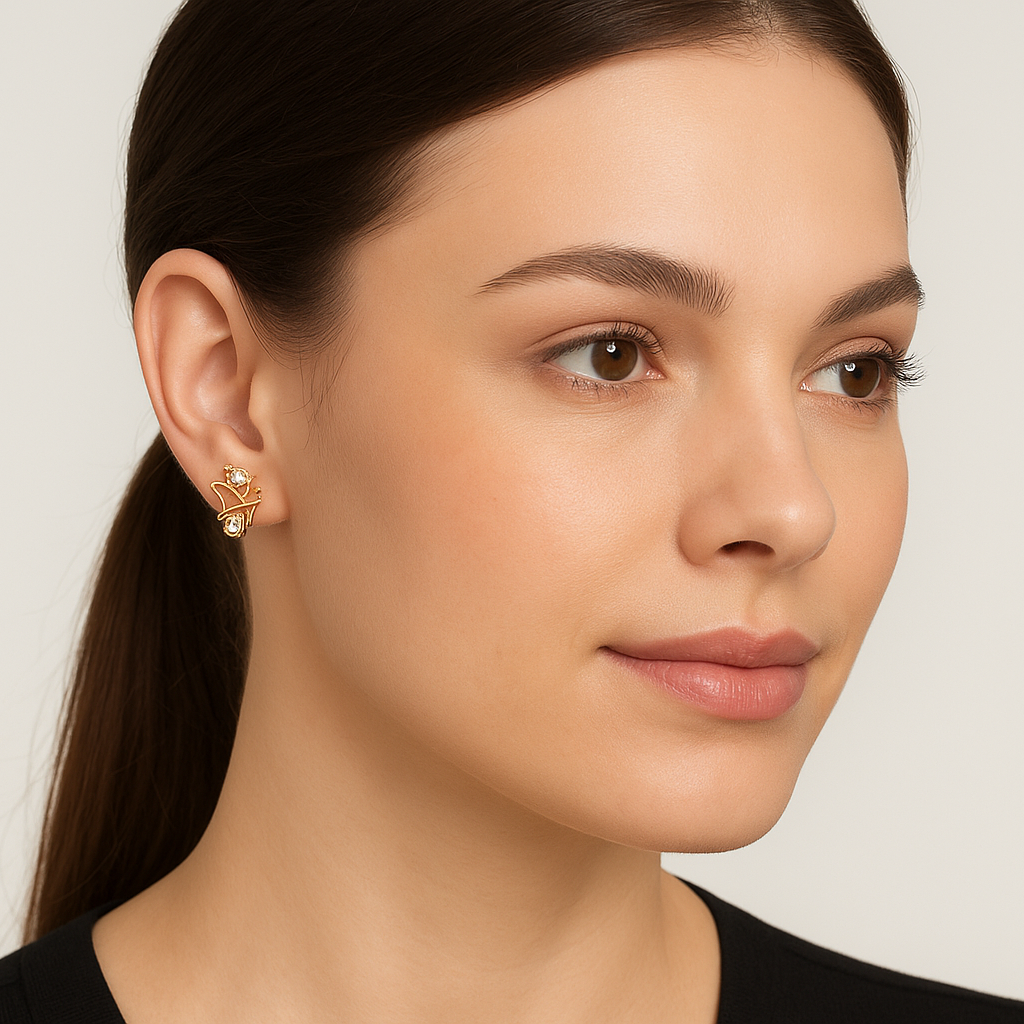 Generated image of a female model wearing the gold and diamond butterfly earrings in a smaller size