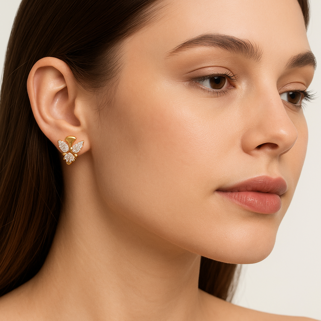 Generated image of a female model wearing the gold and diamond butterfly earrings