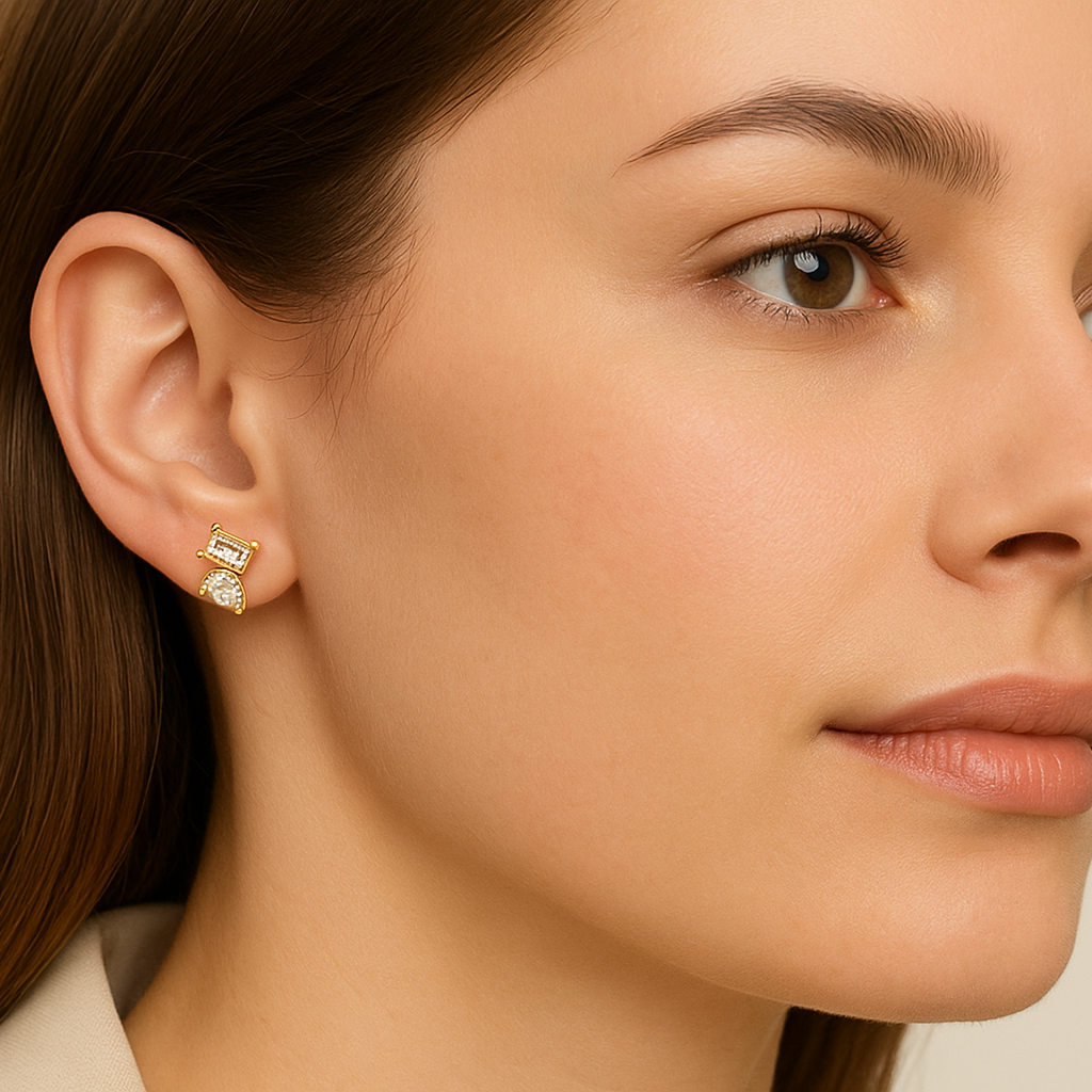 Generated image of a female model wearing the gold and diamond cluster earrings in a smaller size