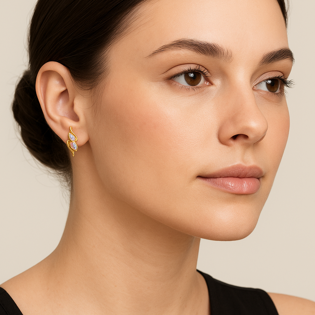 Generated image of a female model wearing the gold and diamond curved earrings in a smaller size