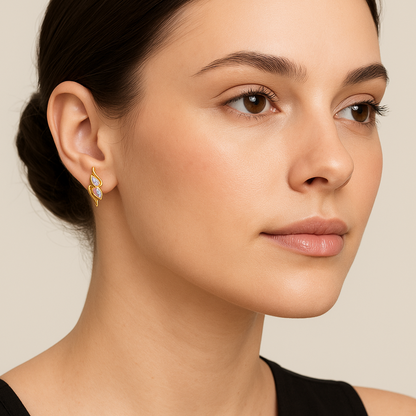 Generated image of a female model wearing the gold and diamond curved earrings in a smaller size
