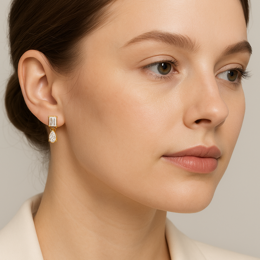 Generated image of a female model wearing the gold and diamond drop earrings in a smaller size