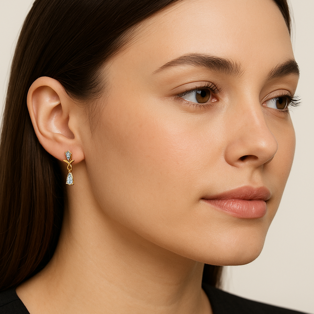 Generated image of a female model wearing the gold and diamond drop earrings in a smaller size