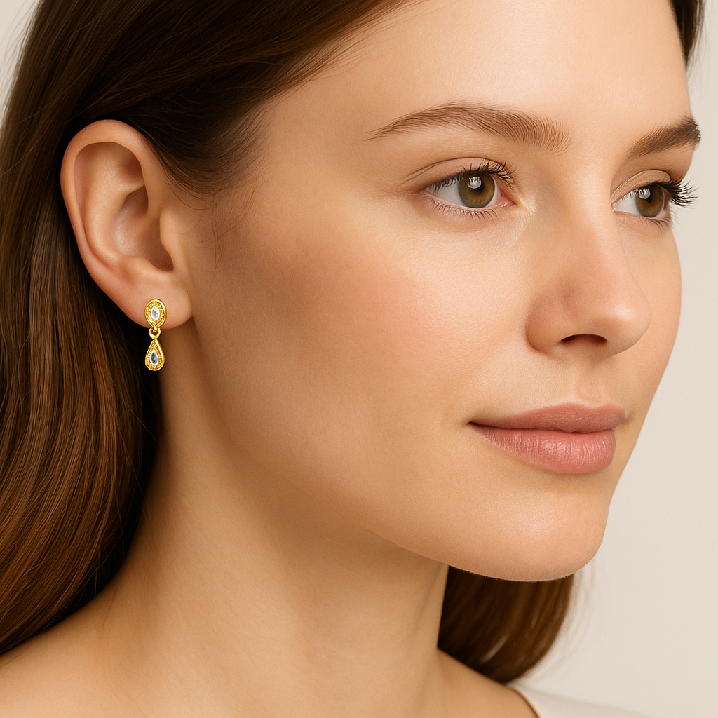 Generated image of a female model wearing the gold and diamond drop earrings in a smaller size