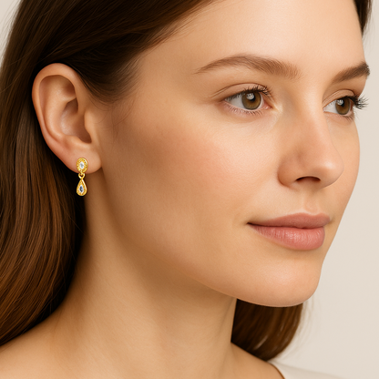 Generated image of a female model wearing the gold and diamond drop earrings in a smaller size