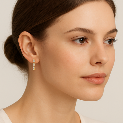 Generated image of a female model wearing the gold and diamond drop earrings in a smaller size
