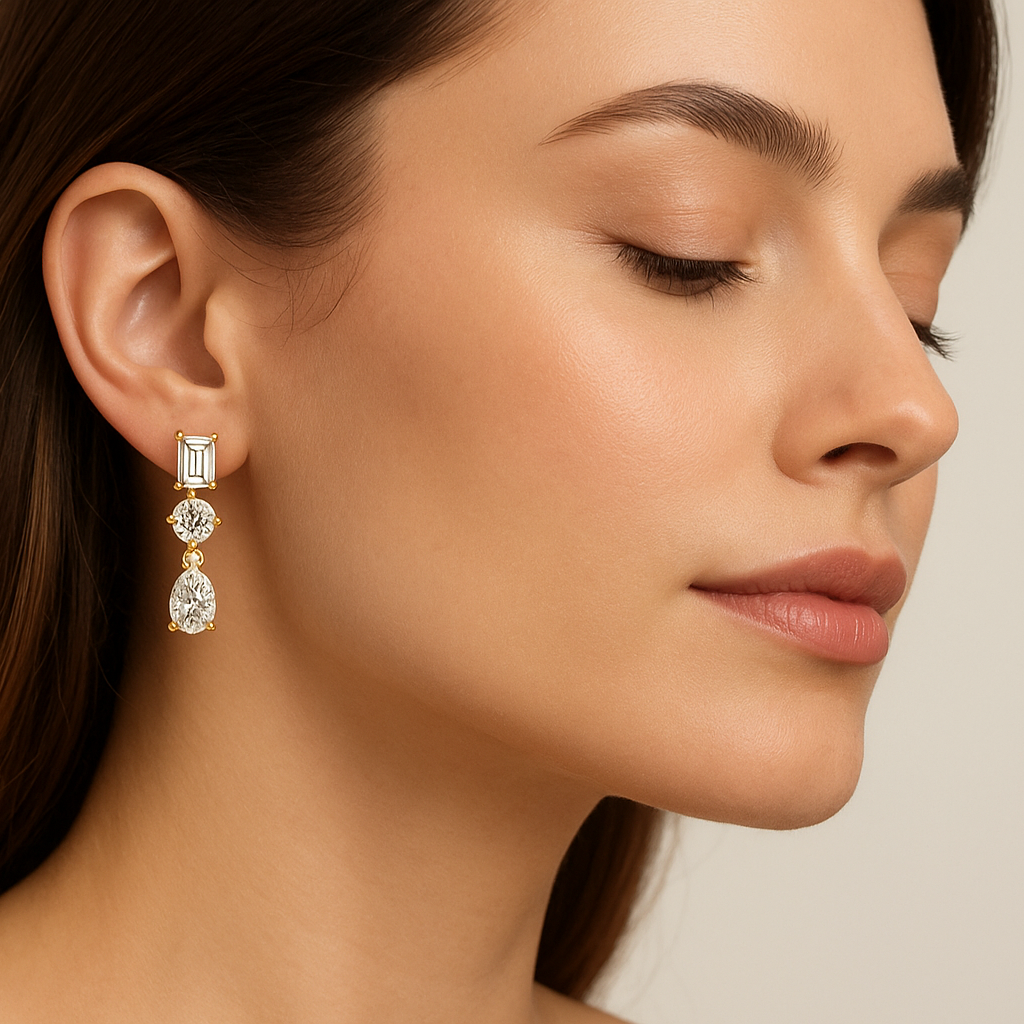 Generated image of a female model wearing the gold and diamond drop earrings
