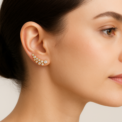 Generated image of a female model wearing the gold and diamond ear climber earrings