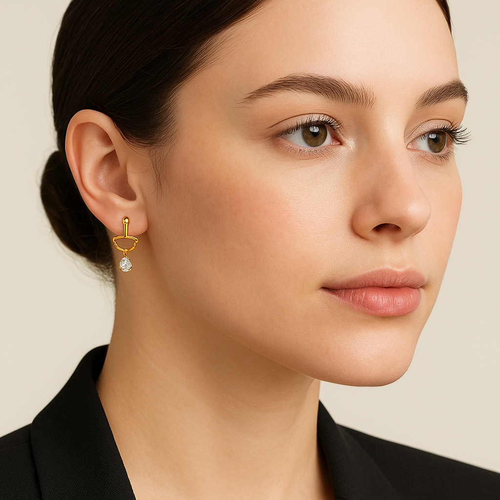 Generated image of a female model wearing the gold and diamond ear jacket earrings in a smaller size