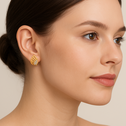 Generated image of a female model wearing the gold and diamond earrings in a smaller size