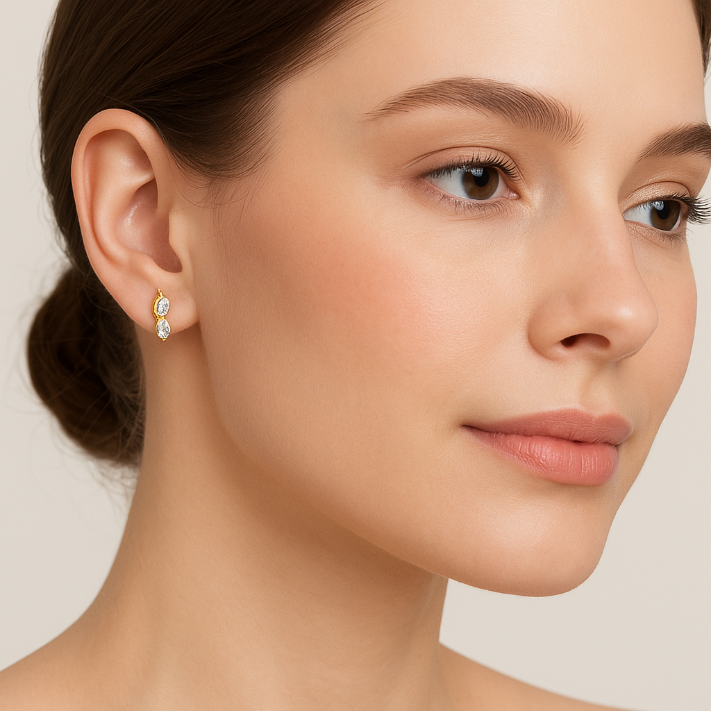 Generated image of a female model wearing the gold and diamond earrings in a smaller size