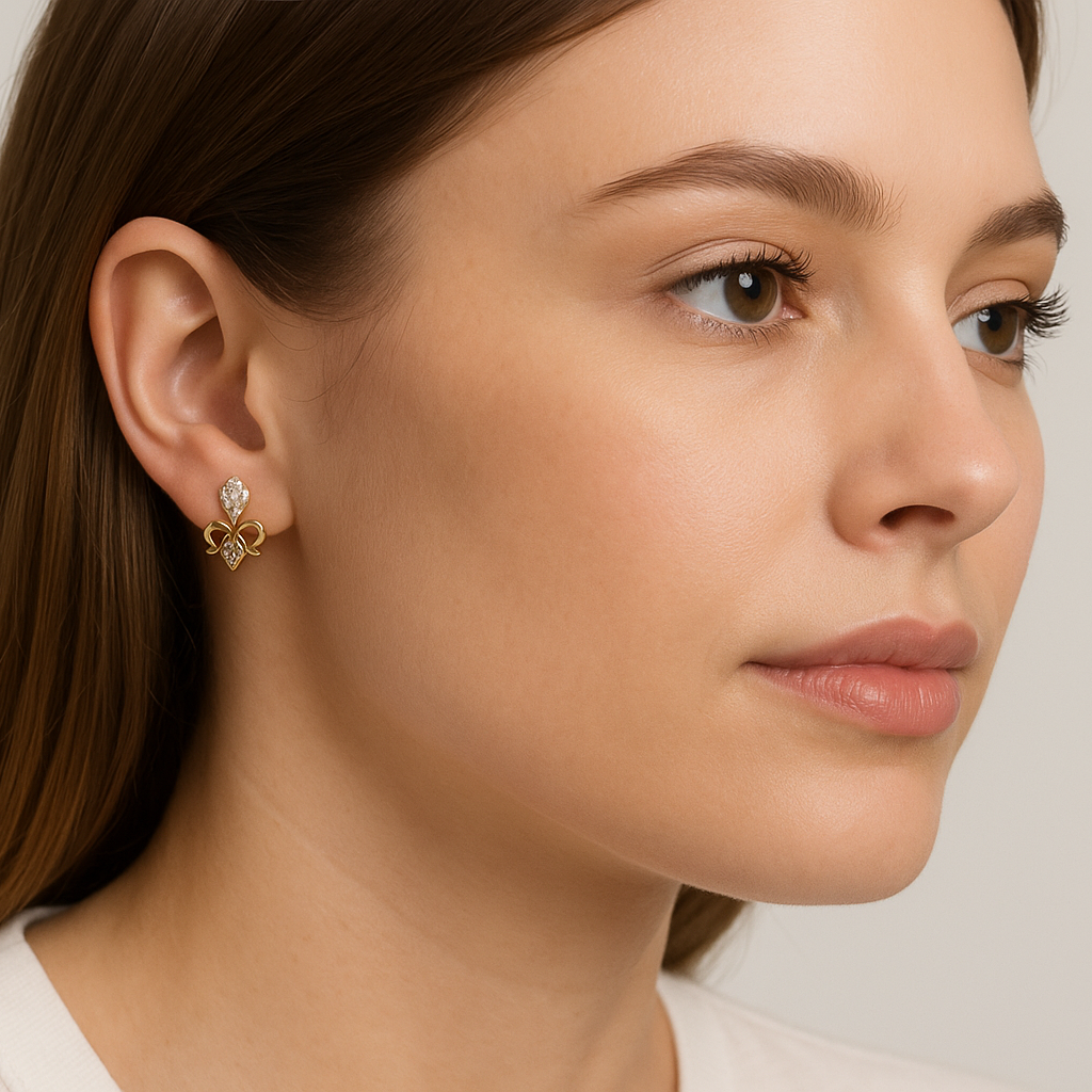 Generated image of a female model wearing the gold and diamond earrings in a smaller size