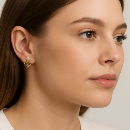 Generated image of a female model wearing the gold and diamond earrings in a smaller size