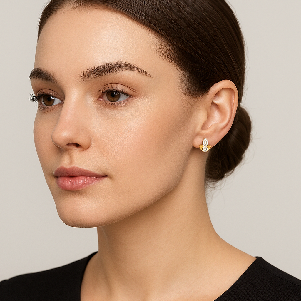 Generated image of a female model wearing the gold and diamond earrings in a smaller size