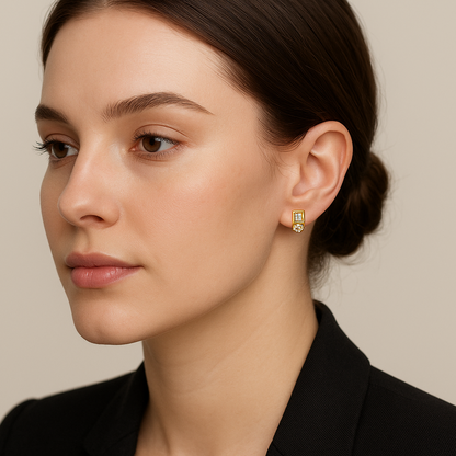 Generated image of a female model wearing the gold and diamond earrings in a smaller size