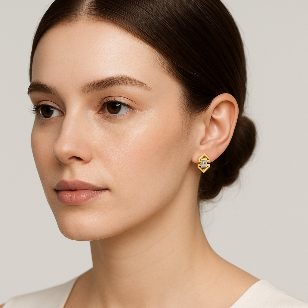Generated image of a female model wearing the gold and diamond earrings in a smaller size