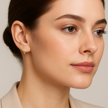 Generated image of a female model wearing the gold and diamond earrings in a smaller size